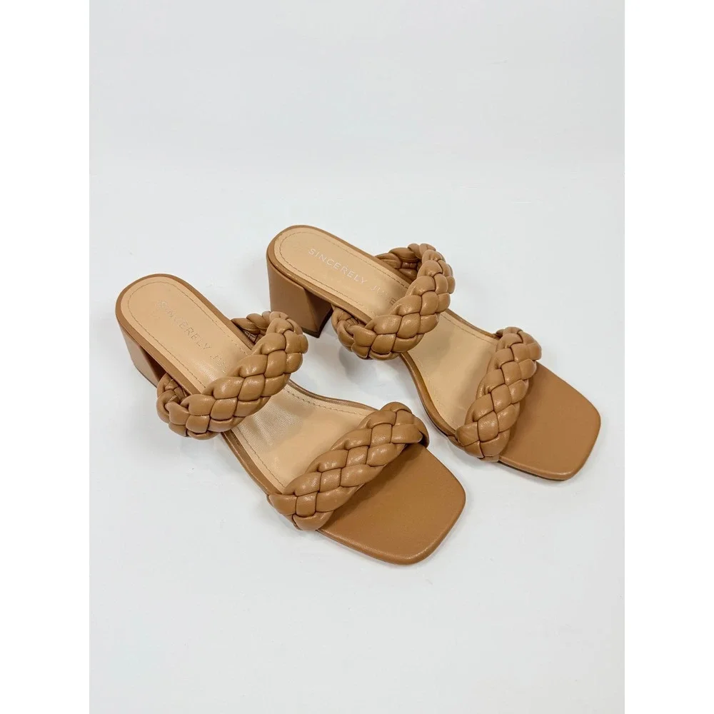 Sincerely Jules Onyx Tan Braided Double Strap Block Heel Slide Sandals Size‎ 9M